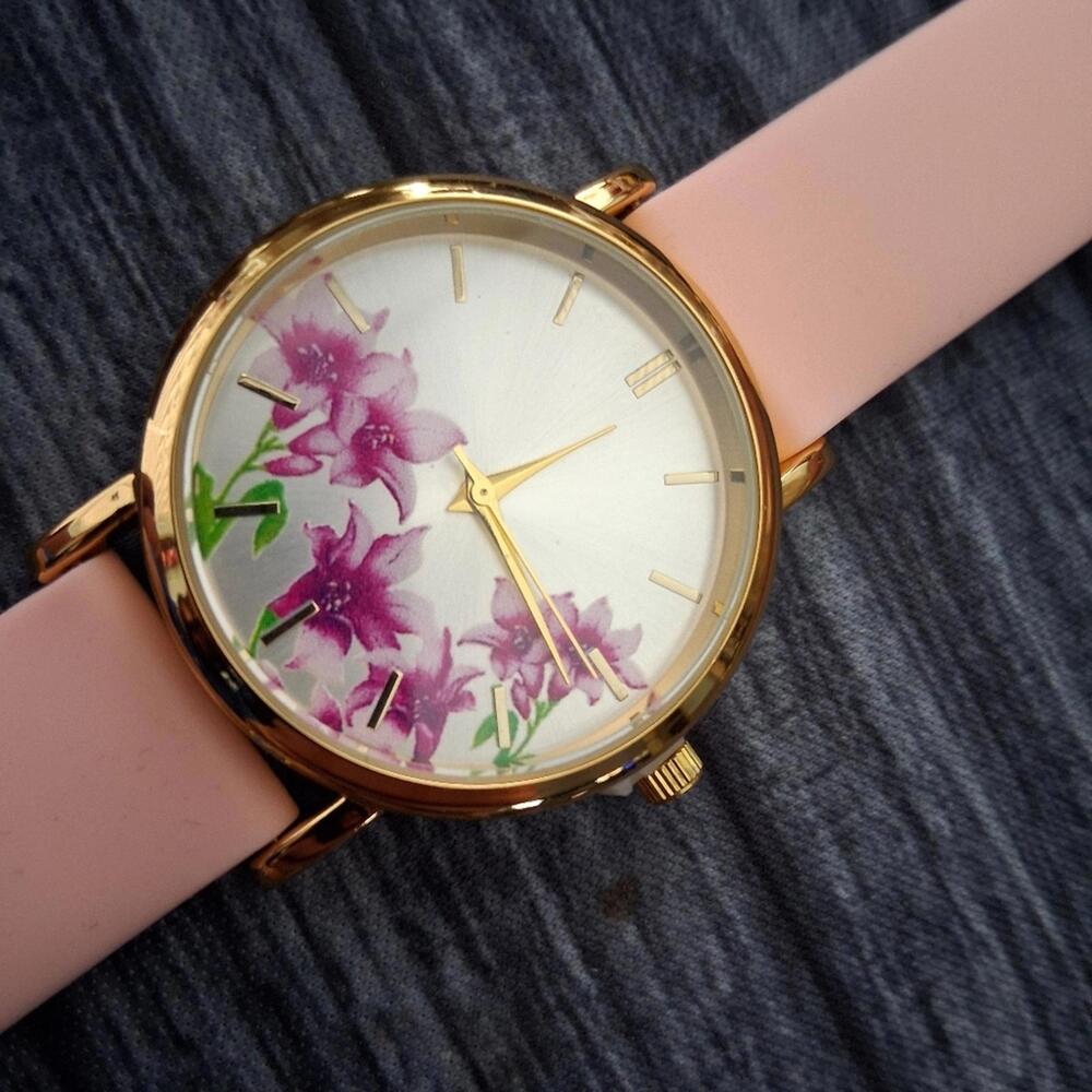 Silicone‎ Band Floral Gold 35mm Gold & Pink Women's Watch